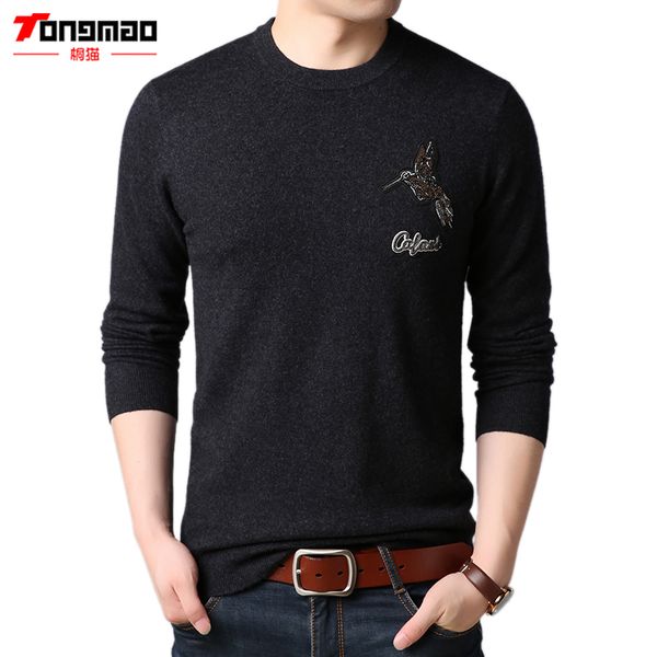 

tongmao men clothing autumn winter warm 100% wool solid color mens sweater hummingbird o-neck slim fit knitted men pullover 6506, White;black