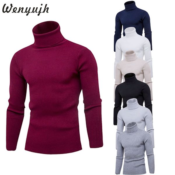

wenyujh autumn winter men fashion solid pullover outerwear male knitted long sleeve high collar slim fit knitted sweater, White;black