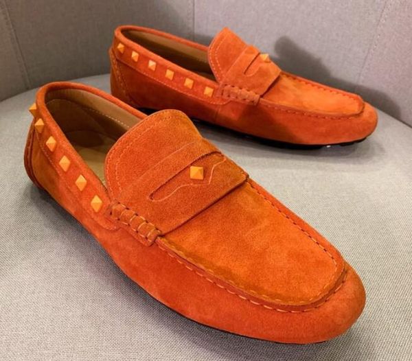 

[orignal box] luxury new mens rivet loafers moccasin-gommino genuine leather design slip on wedding dress casual driving shoes size 38-45, Black