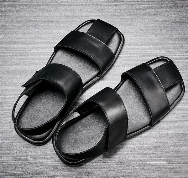 

2018 men's leather sandals retro national style casual shoes sandals shoes hoop&loop soft bottom open toe beach, Black