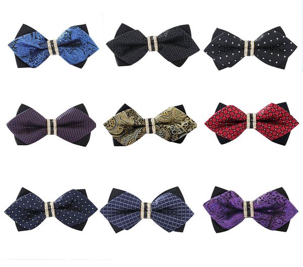 

brand bow tie for men clear crystal decorated striped plaid dot pattern polyester wedding party bowties tie, Blue;purple