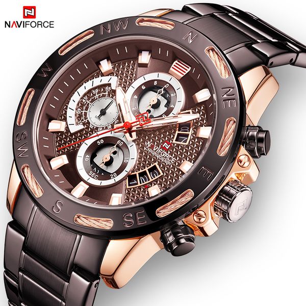 

naviforce mens watch creative fashion military quartz wristwatch men full steel wateproof watches clock relogio masculino 9165 ly191213, Slivery;brown