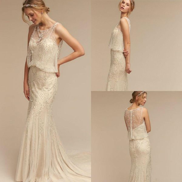 

bhldn bohemian свадебные платья бисероплетение рукавов развертки поезд кружева тюль русалка свадебные платья jewel шеи иллюзия платье страна, White
