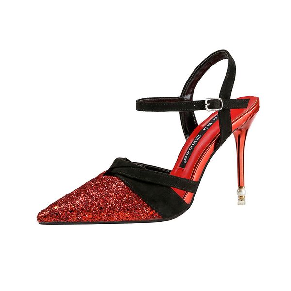 

2828-1 pointed shallow mouth sequins high-heeled word with stiletto shoes sequin temperament women's shoes, Black