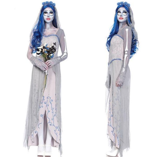 

new scary costume white corpse bride ghost bloody cospaly costume dress for haloween masquerade party, Black;red