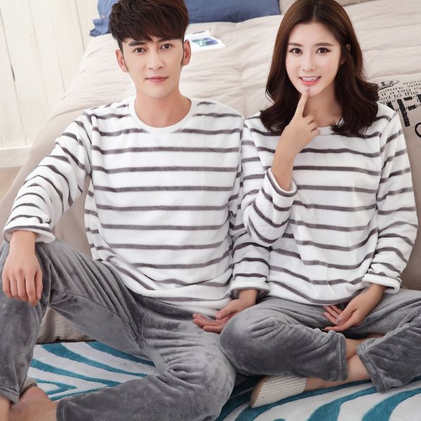 

couples casual striped thick warm flannel long sleeve pajama sets for women 2019 winter coral velvet sleepwear suit men homewear, Black;red