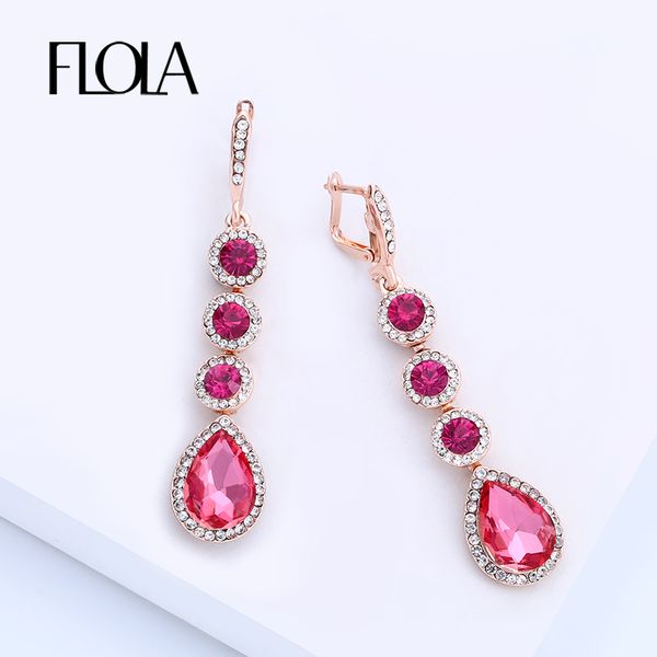 

flola pink crystal earrings for women big drop long bride teardrop wedding earrings rhinestone dangle fashion jewelry ersj01, Silver