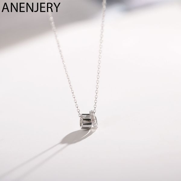 

anenjery 925 sterling silver micro pave zircon double circle necklaces for women black white drip cylinder necklace s-n463