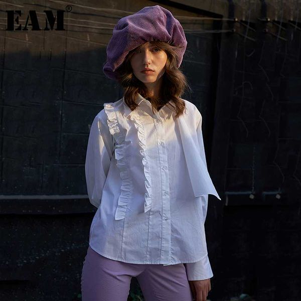 

eam] womenwhite rufflse split joint temperament blouse new lapel long sleeve loose fit shirt fashion spring autumn 2020 1r992, White