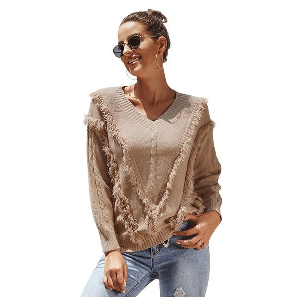 

elegant women sweater pullover long sleeve khaki red blue girl v neck crocheted knited lady tassel pullovers, White;black