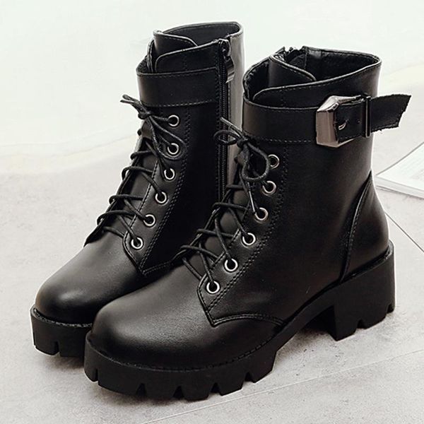 

winter ankle boots for woman black leather motorcycle boots fashion lace-up zipper med square heels short booties casual shoes