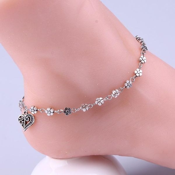 

2020 new women silver bead chain anklet ankle bracelet barefoot sandal beach foot hollow plum flower foot ornaments, Red;blue