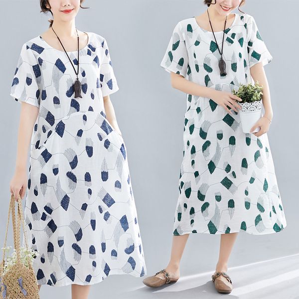 

2019 will code suit-dress easy short sleeve printing cotton dress longuette, Gray