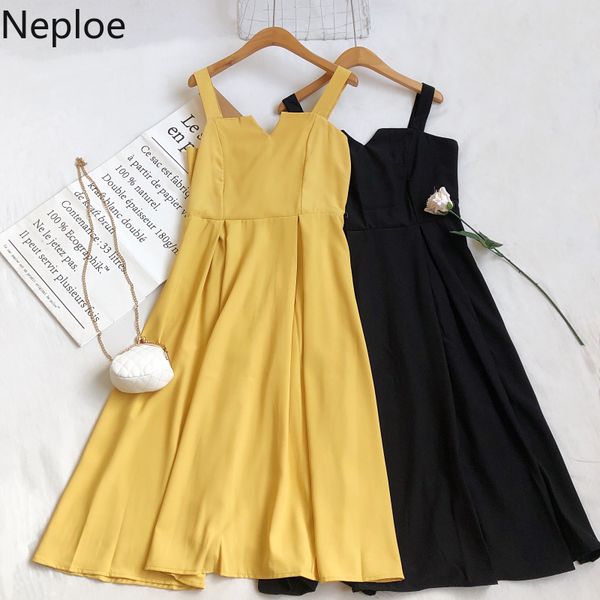 

neploe 2020 new korean solid sling dresses women sleeveless v-neck dress slim high wiast a-line elegant vestidos feminimo 4c864, Black;gray