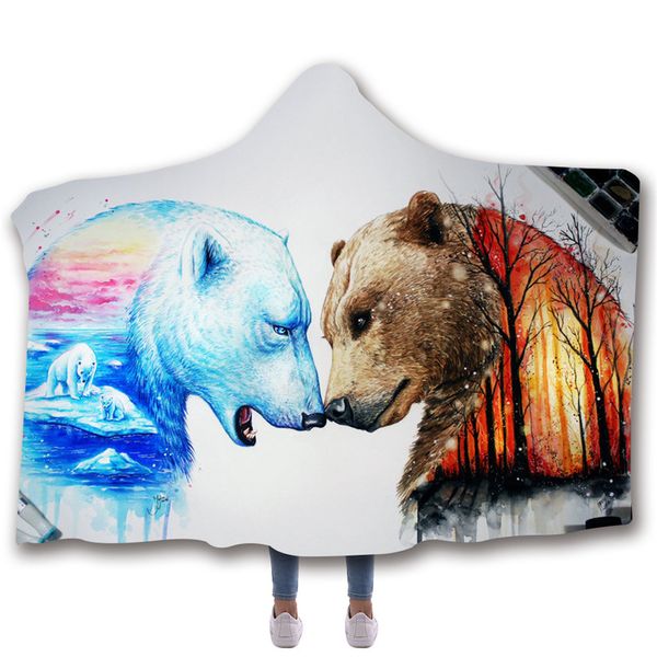 

popular artistic animal printing hooded blanket bear deer wolf lion printed coral fleece sherpa lightweight warm blankets adults