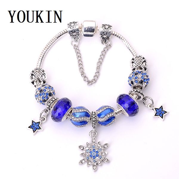 

blue crystal stars beads charm bracelets for women jewelry silver bangles snake chain fine snowflake pendant diy pulseiras gifts, Golden;silver