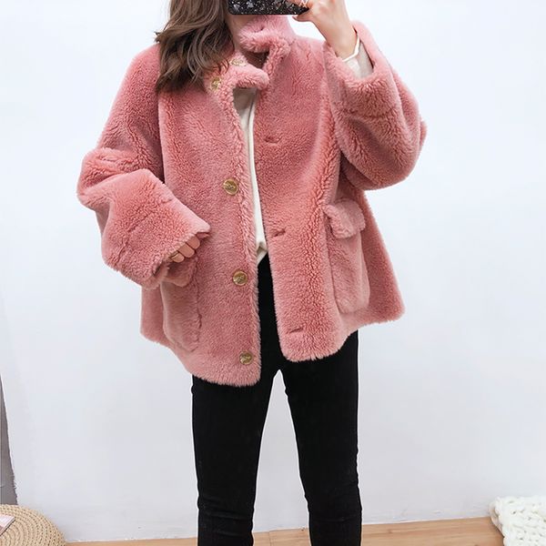 

real wool fur coar women winter real sheep fur and wool sheep shearing loose size overcoat, Black