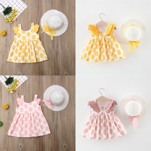

toddler kids baby girls 6m-3t summer outfits polka dots dress sunhat 2pcs set sunsuit, Red;yellow