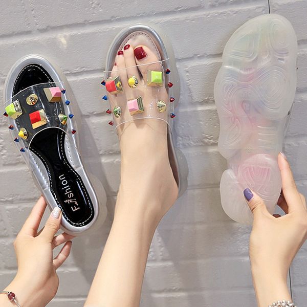 

for women 2020 new summer rivets and thick bottoms for students to wear transparent wet net red slippers in summer, Black
