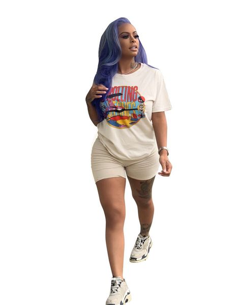 

Summer Fashion Designer Women T Shirt 2 Piece Set White Khaki Tracksuit Top with Shorts Size S-3XL