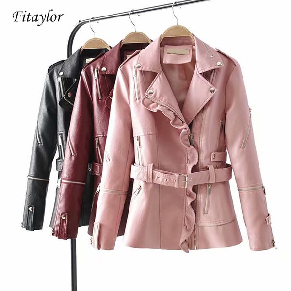 

fitaylor 2019 long faux leather jackets women pu leather motorcycle coat winter autumn with belt zipper bomber outerwear, Black
