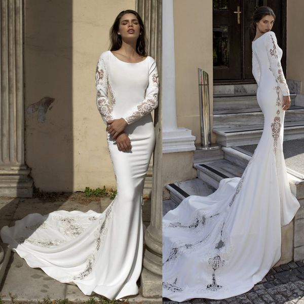 

2020 satin modest wedding dresses with chapel train jewel neck lace applique long sleeve mermaid wedding dress custom made vestidos de novia, White