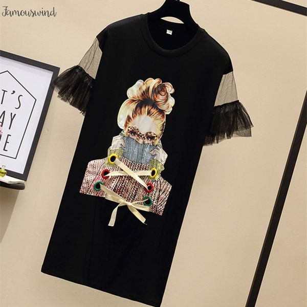 

plus size womens shirt dresses t fashion 5xl spectacles girl print mesh patchwork butterfly sleeve dresses, Black;gray