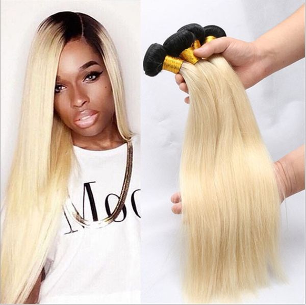 Remy Hair Weave Bundles Ombre Black Platinum Blonde 1b 613