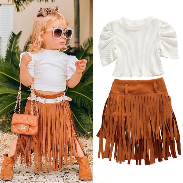 

fashion toddler baby girls summer clothes set kids girls puff sleeve knitted t-shirts +tassel skirts children party outfits, White