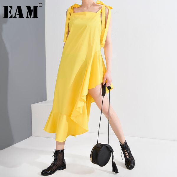 

eam] women yellow bandage bow irregular ruffles long dress new sleeveless loose fit fashion tide spring summer 2020 js22007, Black;gray