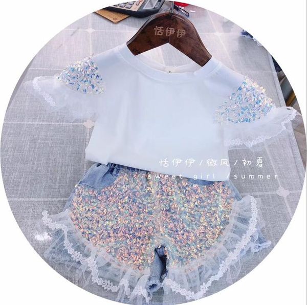 

2020 girls patchwork t-shirt sequins short sleeve fashion summer girls 3-8t f37, Blue
