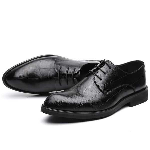 

business formal lace-up pointed toe derby shoes grid pattern brogue men's oxfords dress shoes for wedding size 6~13, Black