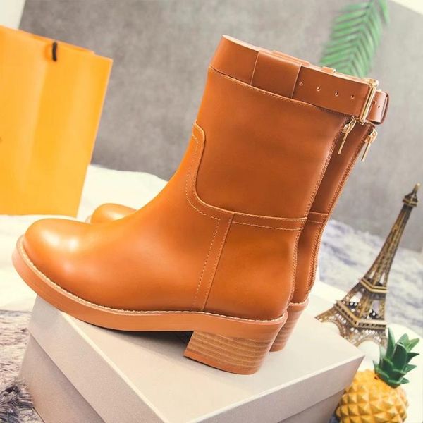 

boots woman leather short booties mid heels 3.5 cm 5.5 cm buckle decor lady round toe chaussures femmes de mujur, Black