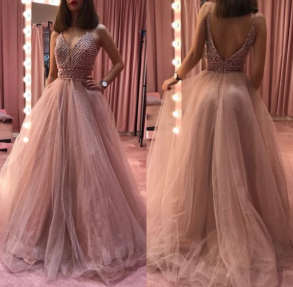 

V Neck Elegant Gold Evening Formal Dresses 2019 Sparkling Sequined Prom Dress Evening Gowns Evening Wear robe de soiree Abendkleider