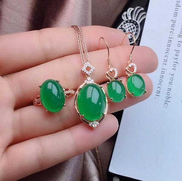 

natural green chalcedony set, new design, beautiful color, professional natural gem shop, 925 silver, Black