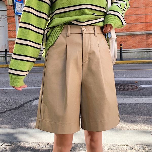 

fashion high waist elastic pu faux leather shorts women streetwear autumn winter korean shorts plus size loose femme, White;black