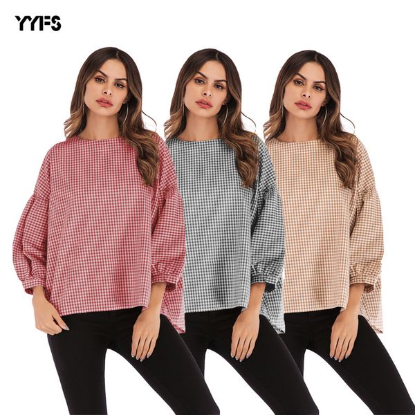 

2019 women's wear round collar large code bubble sleeve easy lattice female style shirt t shirts, Black