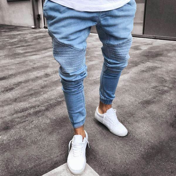 

men's stretchy slim fit denim pants casual long straight trousers skinny jeans harem cargo pants jogger dancing pantz313, Black