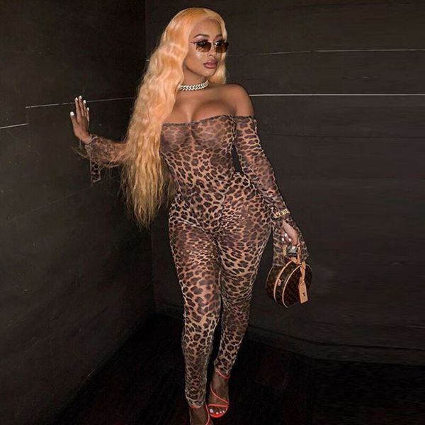 

leopard skinny jumpsuit women off shoulder flare long sleeve bodycon bodysuit streetwear front zipper club party rompe, Black;white