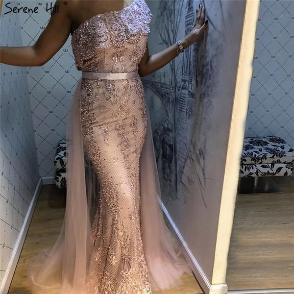 

party dresses pink one shoulder mermaid evening 2021 lace pearls sequins elegant formal dress serene hill la70386, White;black
