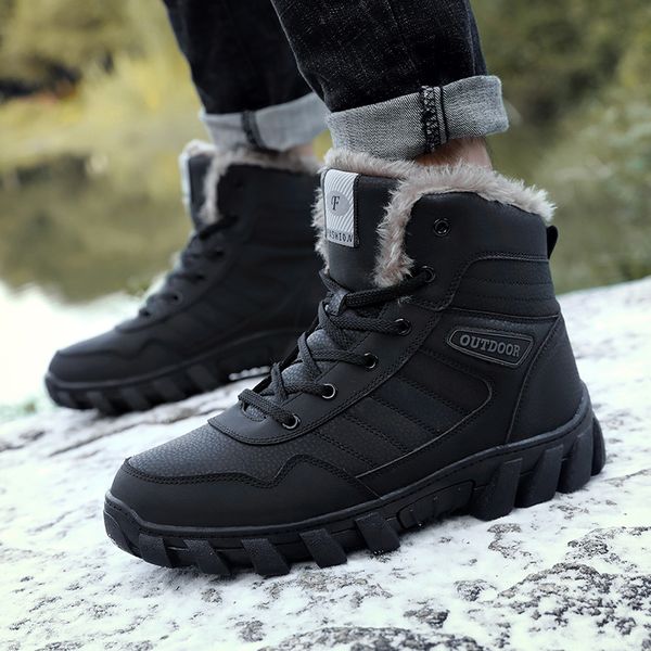 

brand classic men winter snow boots super warm fur male ankle boots waterproof non-slip hiking shoes male outdoor shoes big size, Black