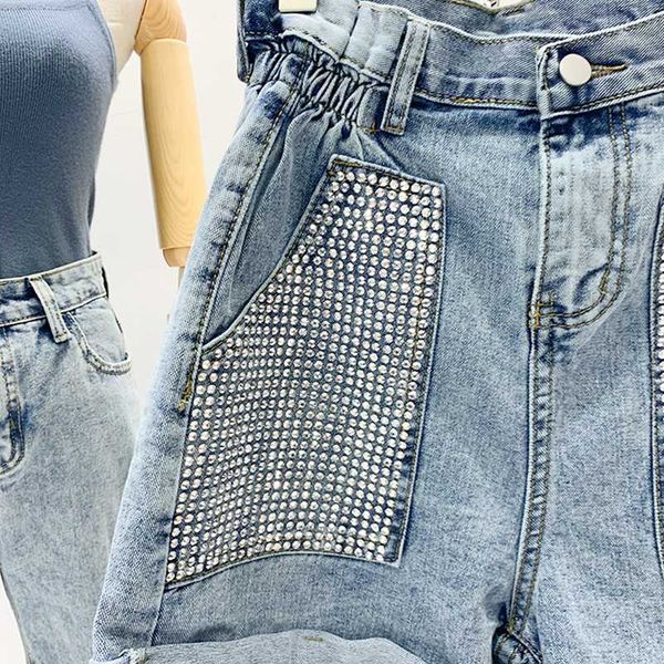 

new spring summer high waist rivet crimping women denim shorts casual loose straight korean bottoms button jeans shorts, Blue