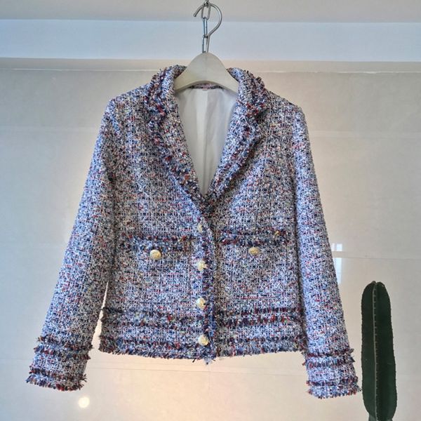 

vintage chic pockets buttons frayed tweed jacket women coat 2019 fashion lapel collar streetwear outerwear casual casaco femme, Black