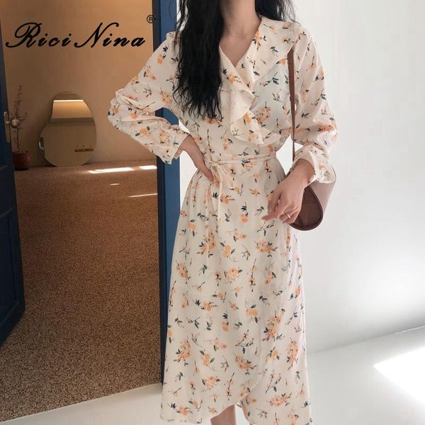 

ricinina elegant dress women v-neck long sleeve ruffles women maxi dress 2020 spring casual vintage ladies dresses 2020 vestidos, Black;gray