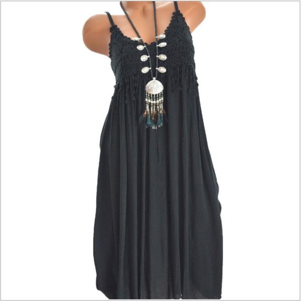 

casual dresses women summer dress vintage solid deep v neck sling backless sundress beach sleeveless, Black;gray