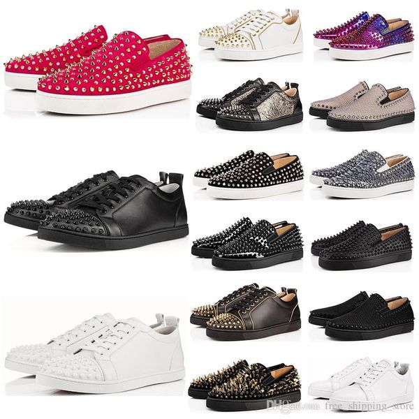 

2019 designer fashion red bottom studded spikes flats shoes for men women black party lovers genuine leather casual sneakers