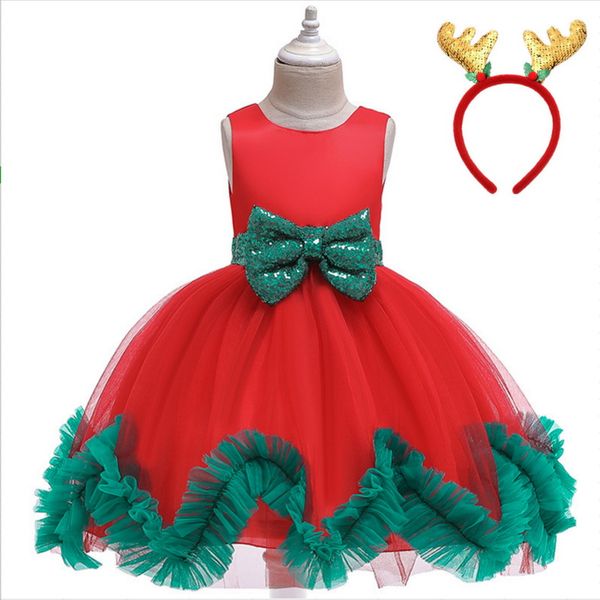 

christmas girls dress sequins sleeveless bow soft yarn princess dresses for wedding party kids clothes 3-8y d0107, Red;yellow