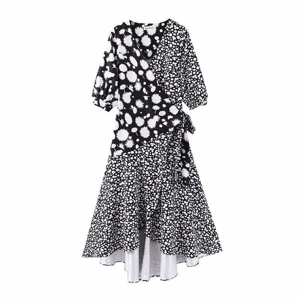 

floral print womens casual dresses fashion irregular print panelled wrap womens designer dresses casual females clothing, Black;gray