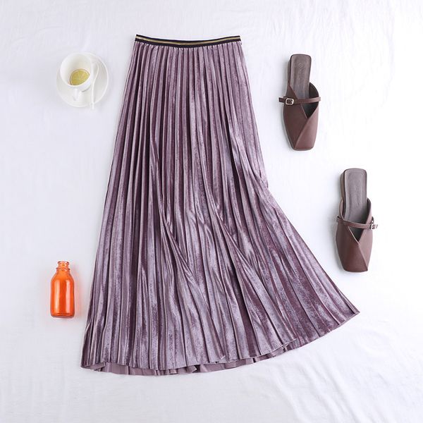 

new high waist and all-around slim gold velvet pleated skirt half skirt women's medium length a-line big swing skirt, Black