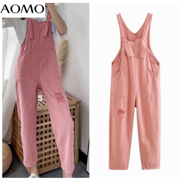 

aomo women pink denim jumpsuit short sleeve pocket v neck female casual jeans jumpsuit 4m172a, Black;white